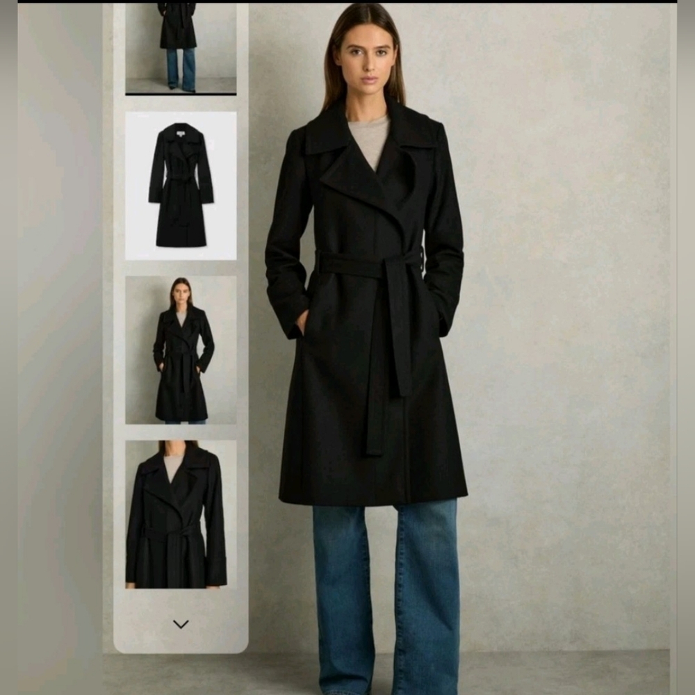 Reiss Rae Wool Blend Belted Double Breasted Black Coat Size UK/14 US/10 NEW